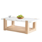 Contemporary coffee table featuring a white faux marble top and light wood frame, perfect for modern interior design themes.