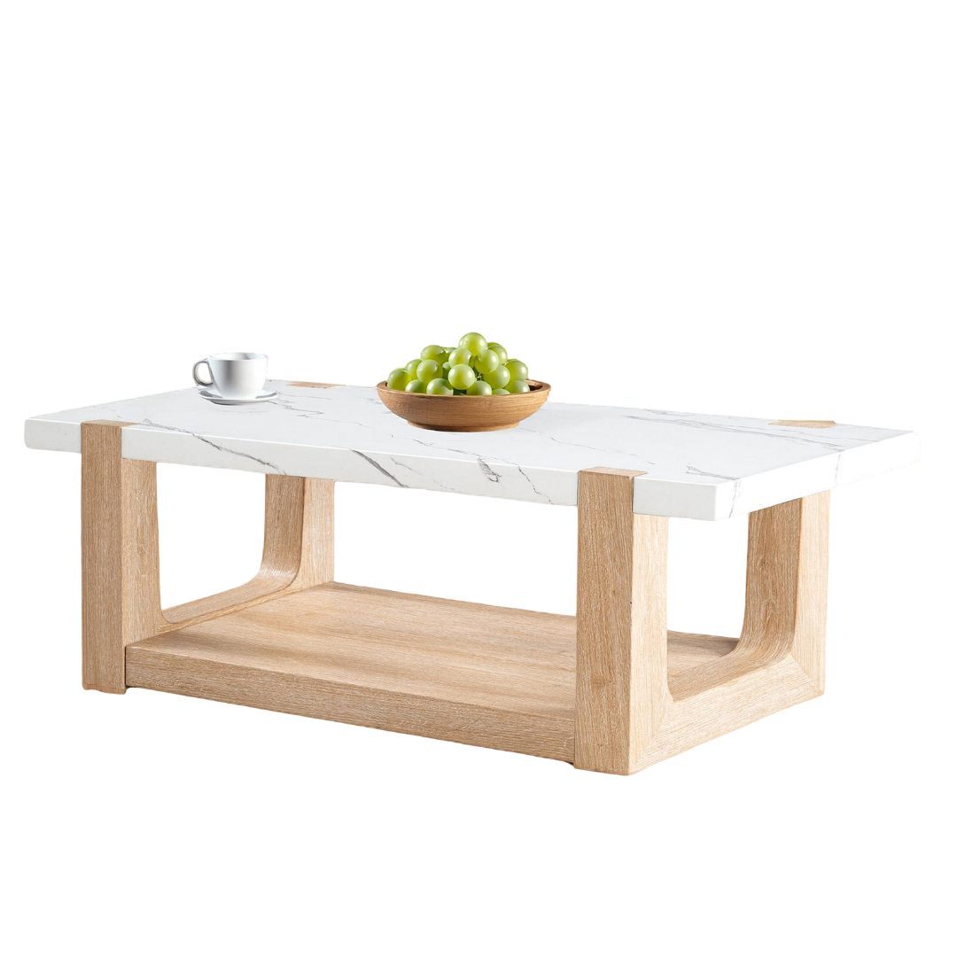 Contemporary coffee table featuring a white faux marble top and light wood frame, perfect for modern interior design themes.