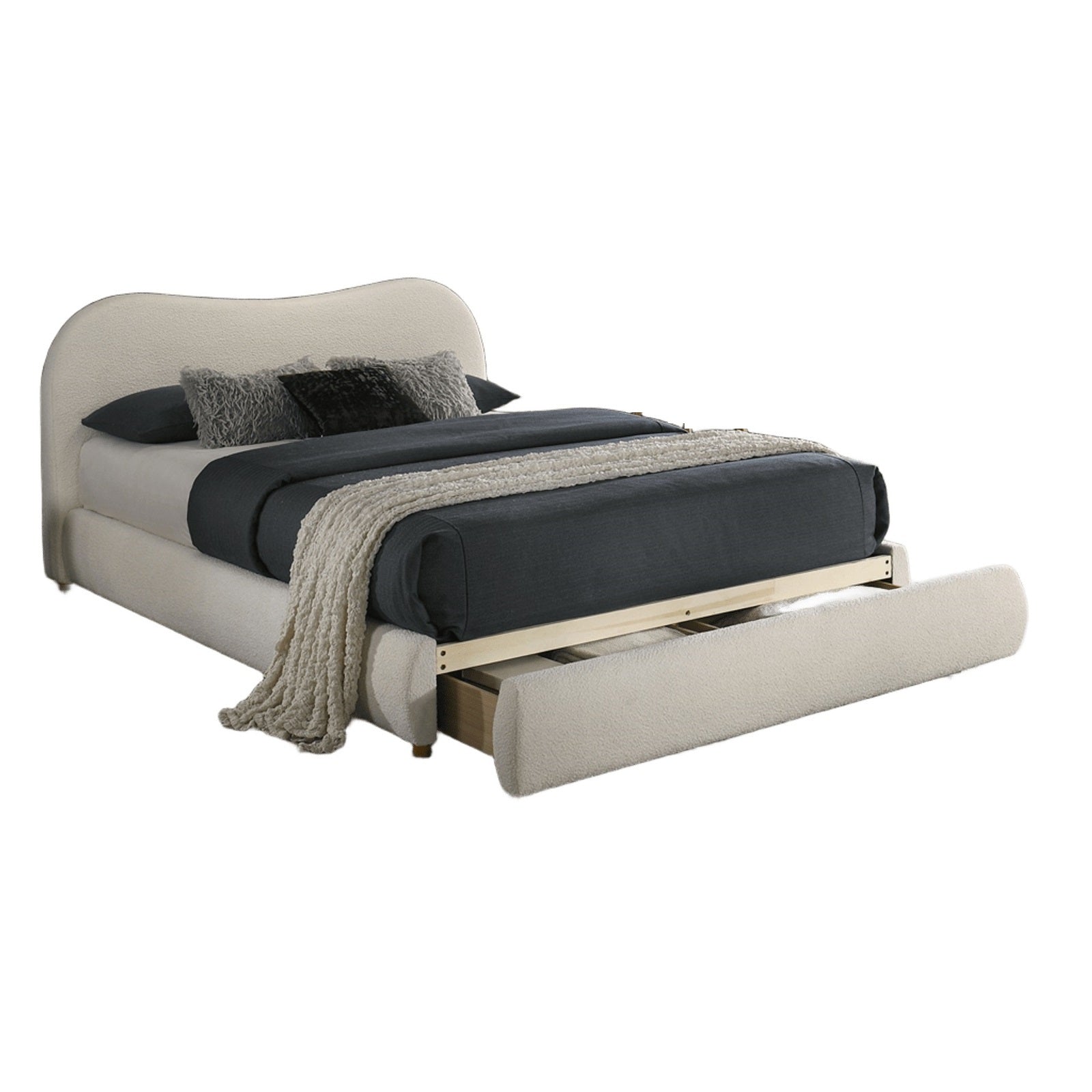 Angled view of Velvet King Size Bed with open footboard drawer, highlighting storage and elegant curved headboard design.