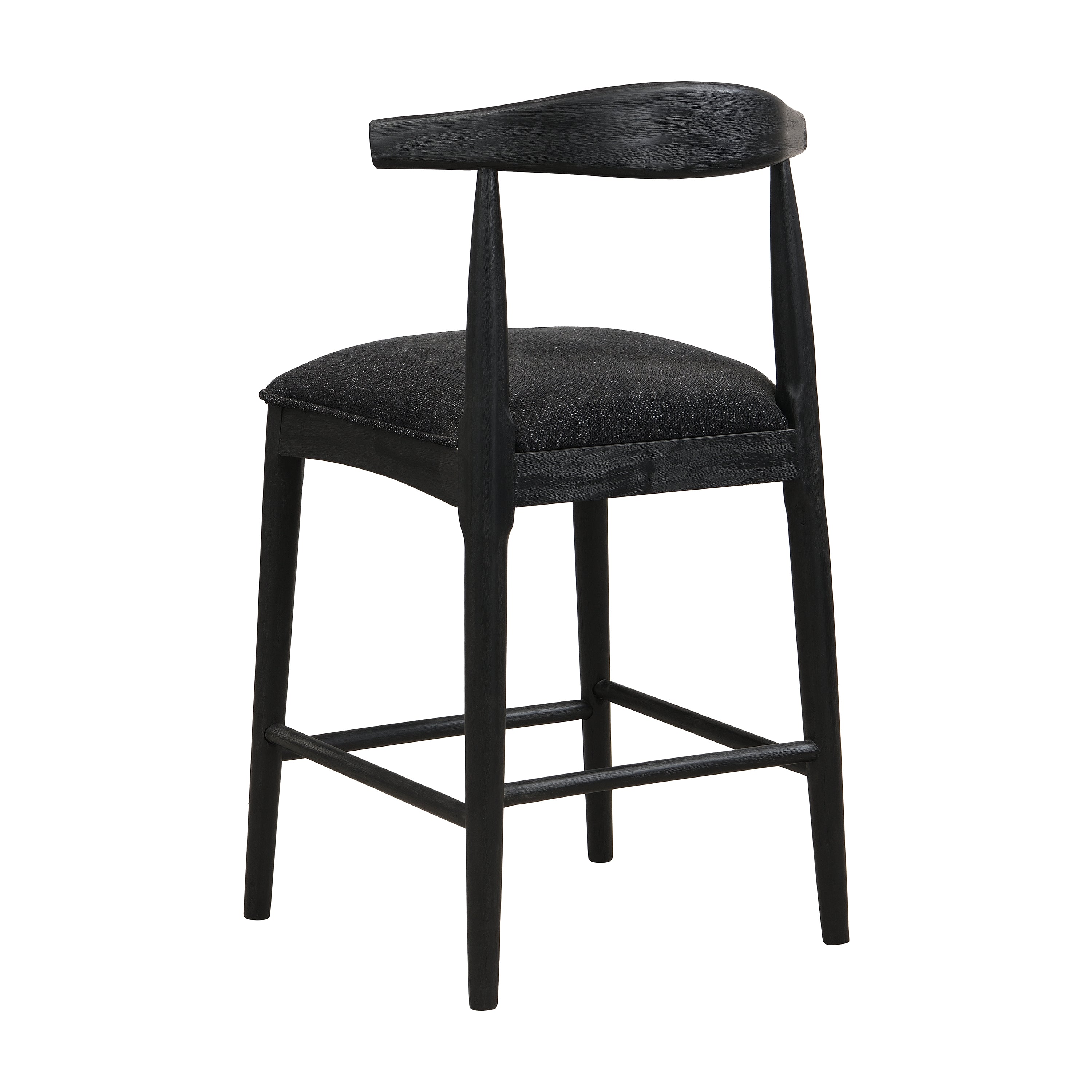 Back angled view of Black Fabric Counter Stool emphasizing modern silhouette and plush seat for cozy seating.