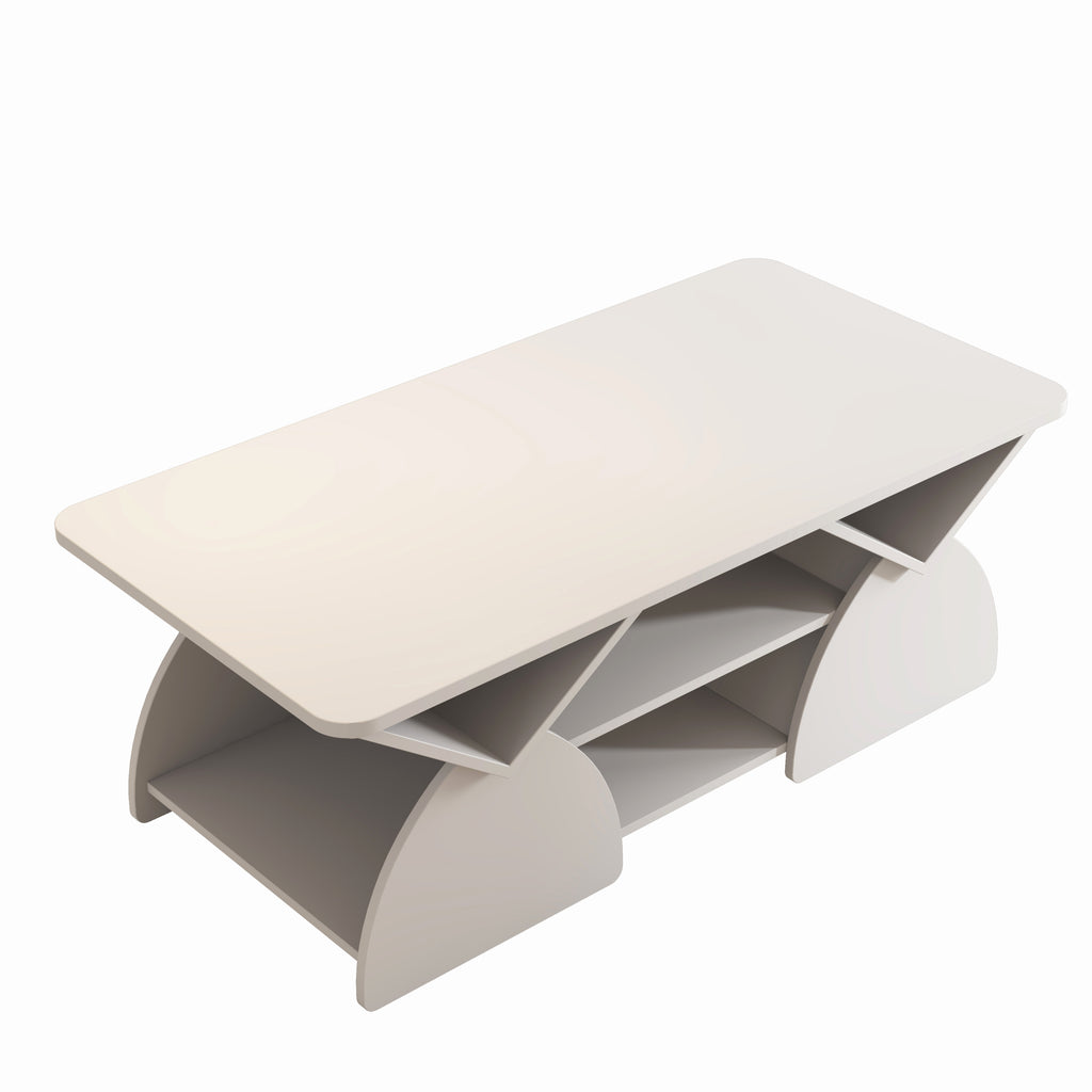 Perspective view of modern coffee table with engineered wood build and geometric storage. Ideal for stylish living rooms.