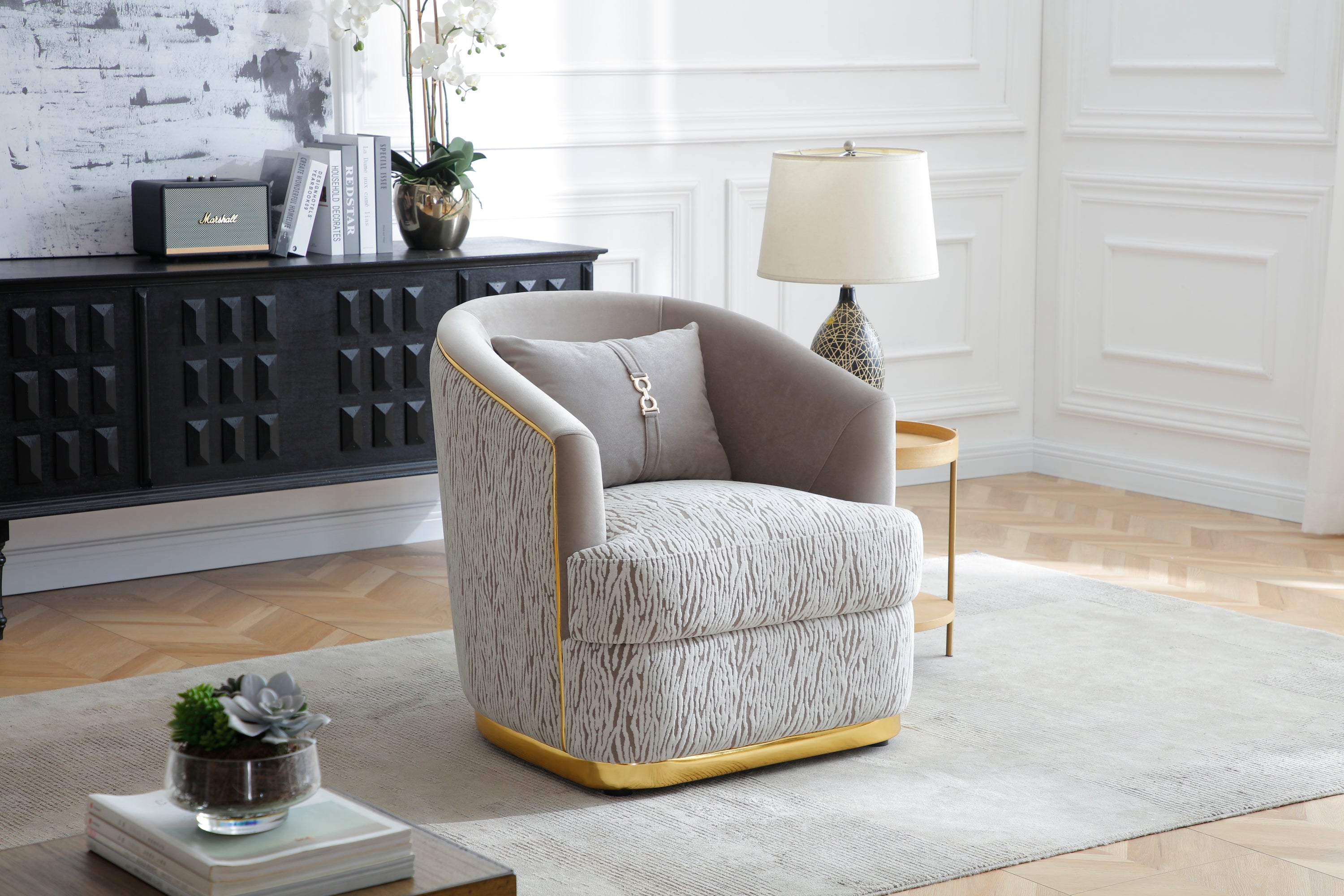Lexington Velvet Chenille Accent Chair with Gold Trim - Beige