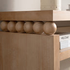 Side view of rustic console table with shelf, focusing on the rounded bead detail and natural wood finish.