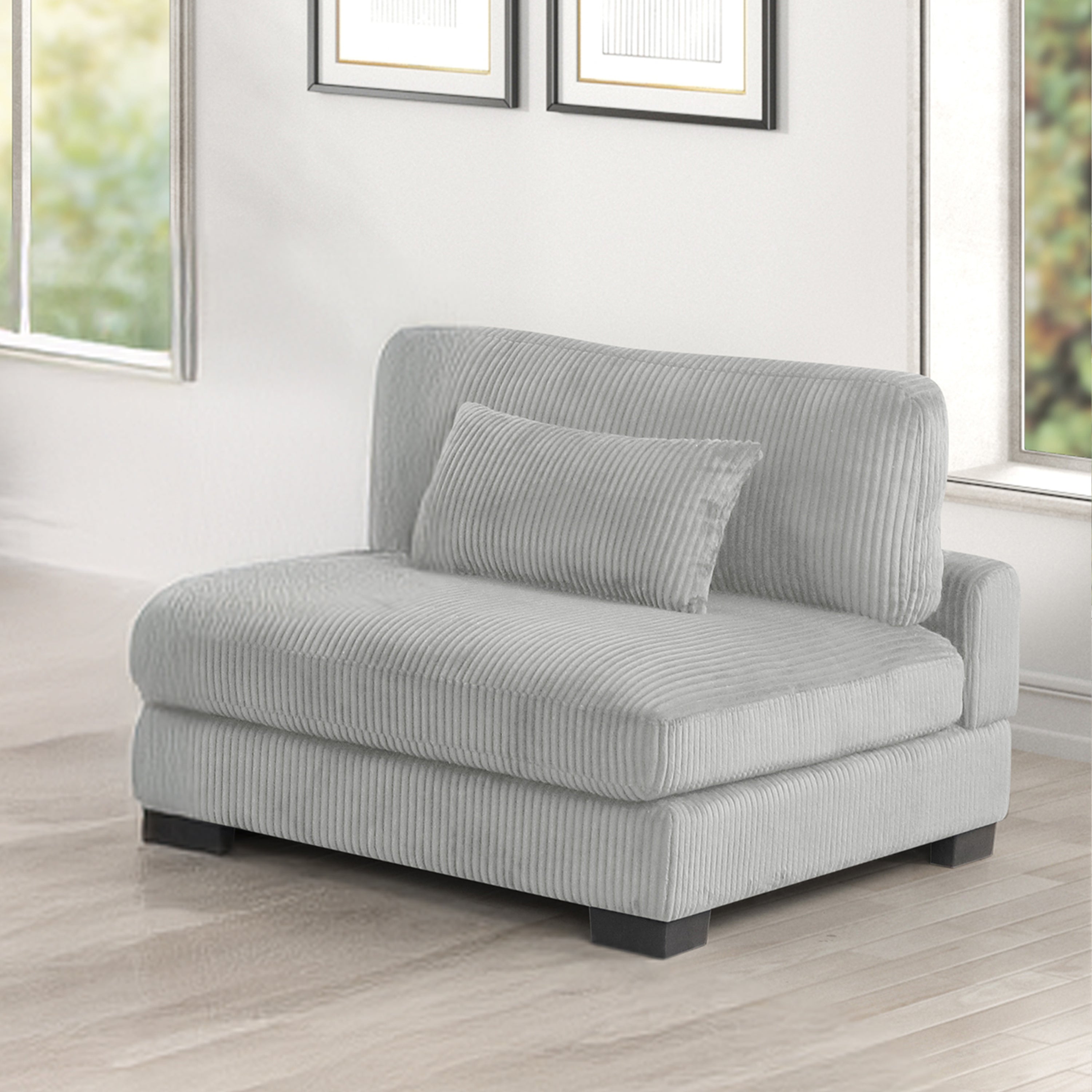 Bentley Modular Sectional Sofa armless chair in gray corduroy, showcasing modern design and wide cushioned seating for flexible arrangements.