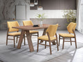 Sarha Dining Set - Mid-Century Walnut with yellow linen chairs around a wooden table, ideal for modern dining rooms.