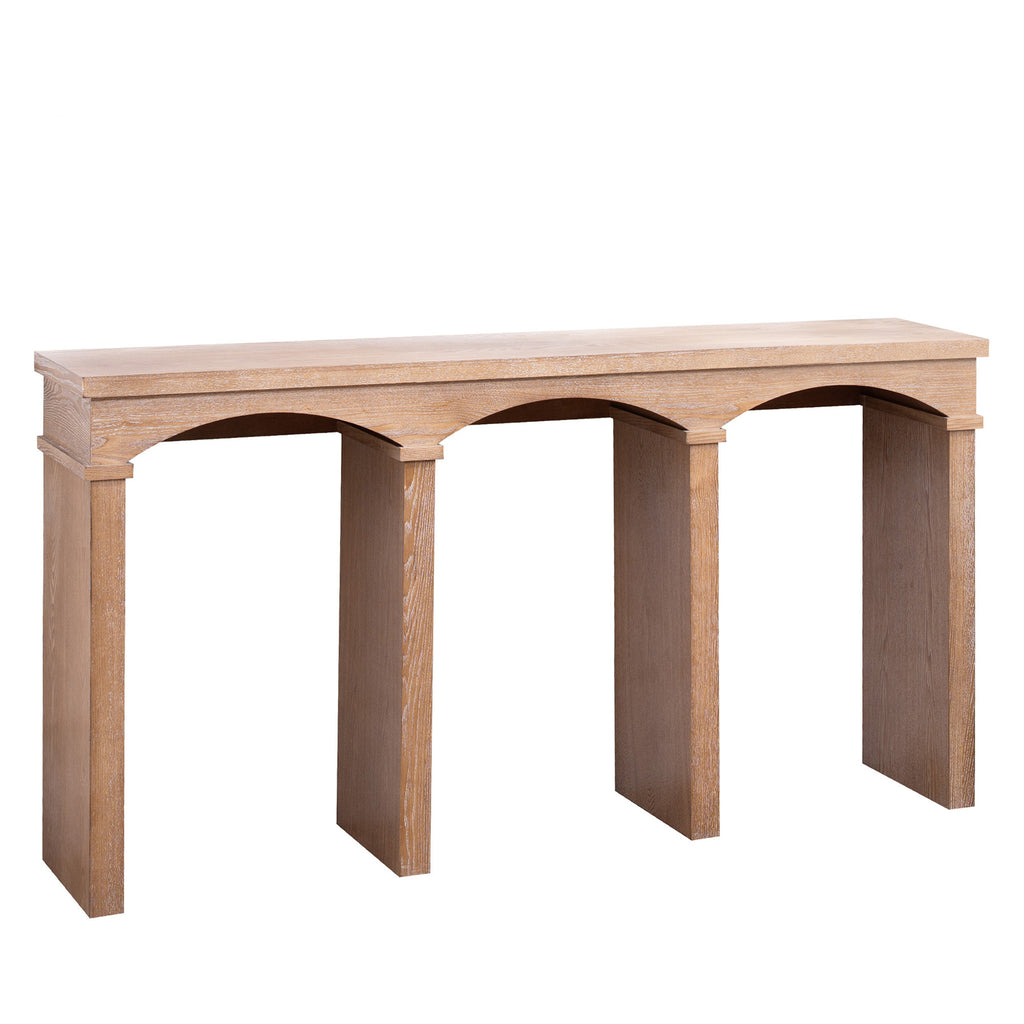 Rustic Archway Console Table with natural wood finish and decorative arched legs, ideal for narrow hallways or entryways.