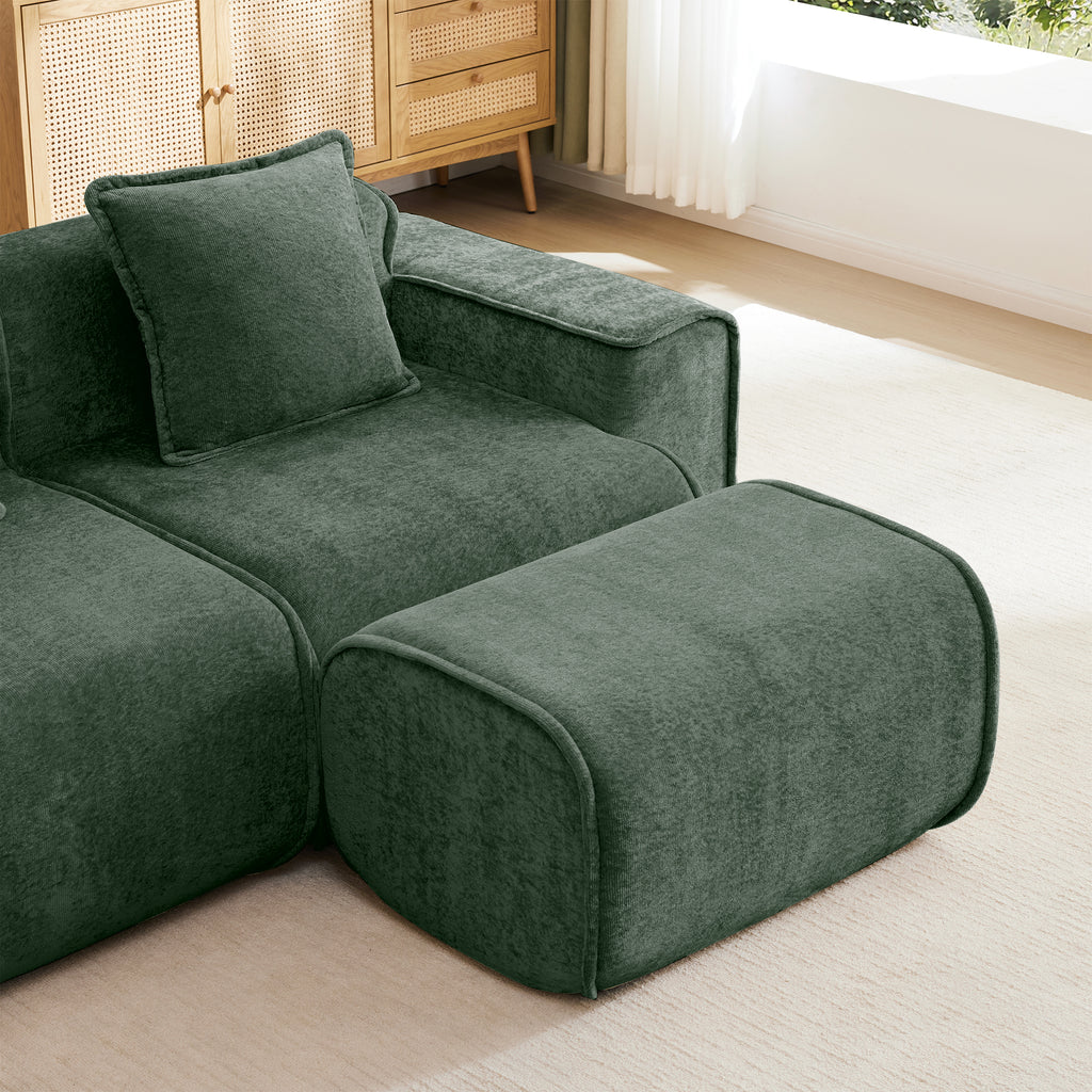 Green velvet ottoman paired with Modular Sofa, designed for flexible seating and added comfort in modern living rooms.
