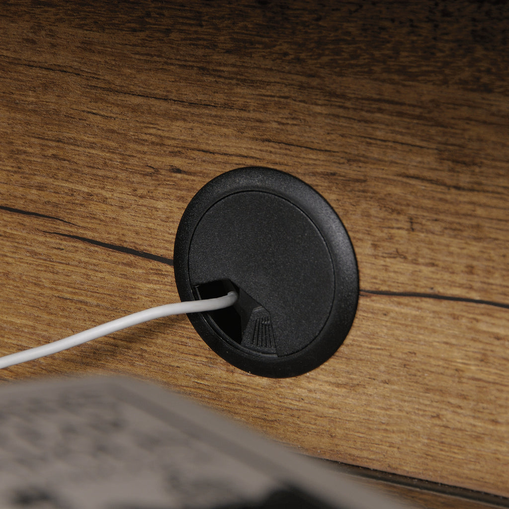 Close-up of cable management port on Industrial Brown TV Credenza, designed for organized media setup and wire concealment.