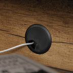 Close-up of cable management port on Industrial Brown TV Credenza, designed for organized media setup and wire concealment.