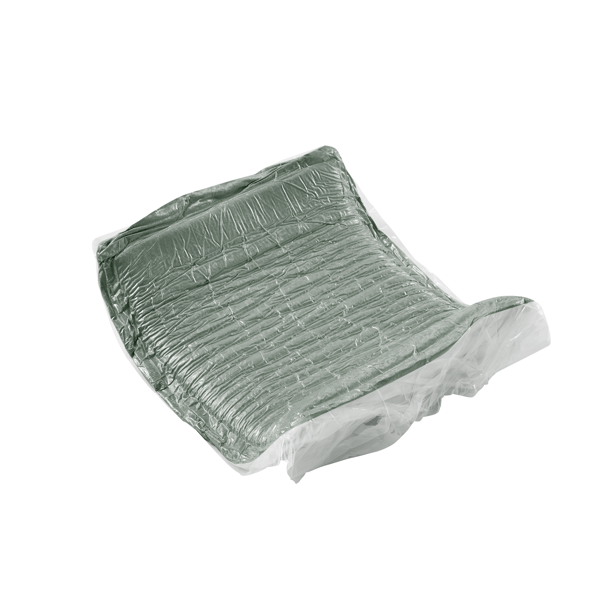 Vacuum-sealed green velvet cushion from the Modular Velvet Sofa, illustrating compact packaging for no-assembly setup.