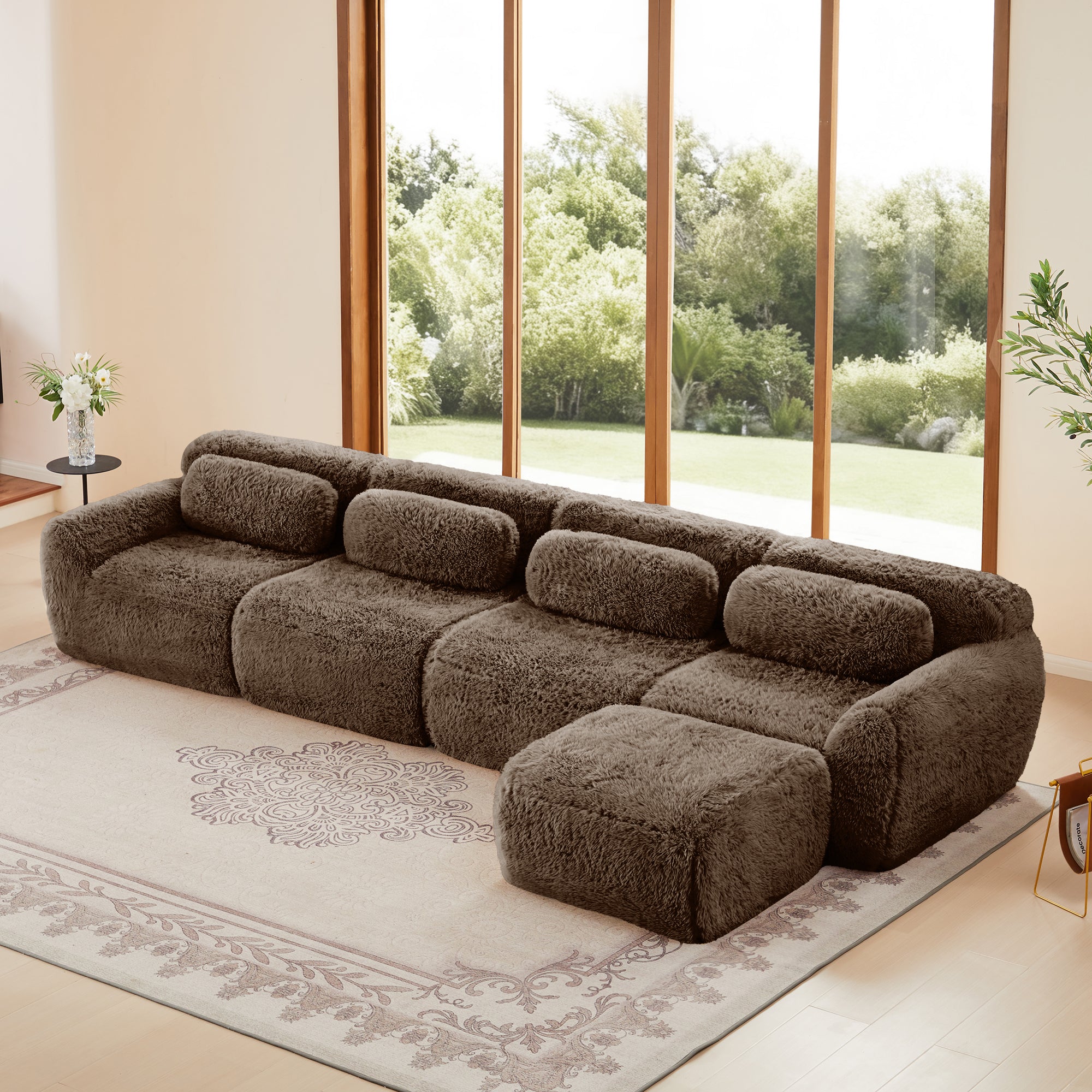 Modular Sofa Chocolate - Plush Fabric, No Assembly sectional with deep seats and soft texture in a sunlit living room, perfect for modern interiors.