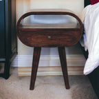 Solid Wood Light Walnut Circular Bedside with Open Slot, a Drawer, Nordic Legs, Brown