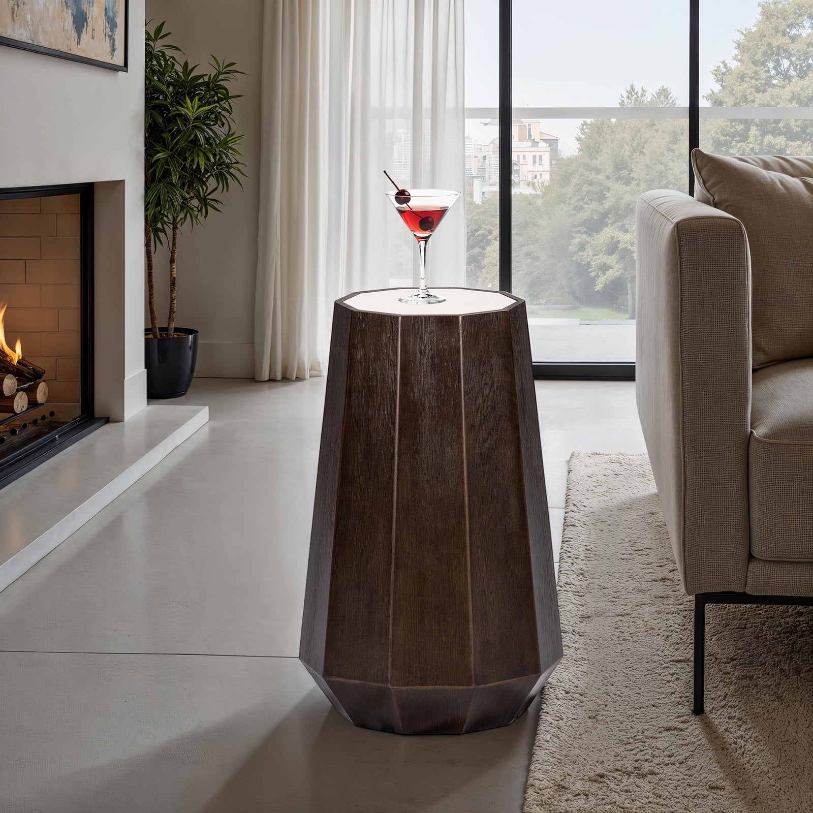 Transitional martini table with stone top and dark walnut finish beside a sofa in modern living room. Features rubberwood trestle base.