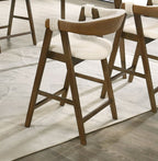 Set of Mid-Century Modern Counter Stools with walnut wood legs and beige cushioned seats, enhancing contemporary dining spaces.