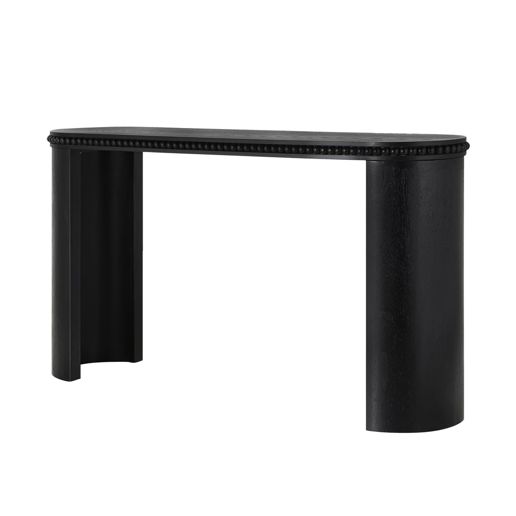 Mirod Console Table with inward-facing curved legs, featuring vintage beaded trim and sleek black finish.