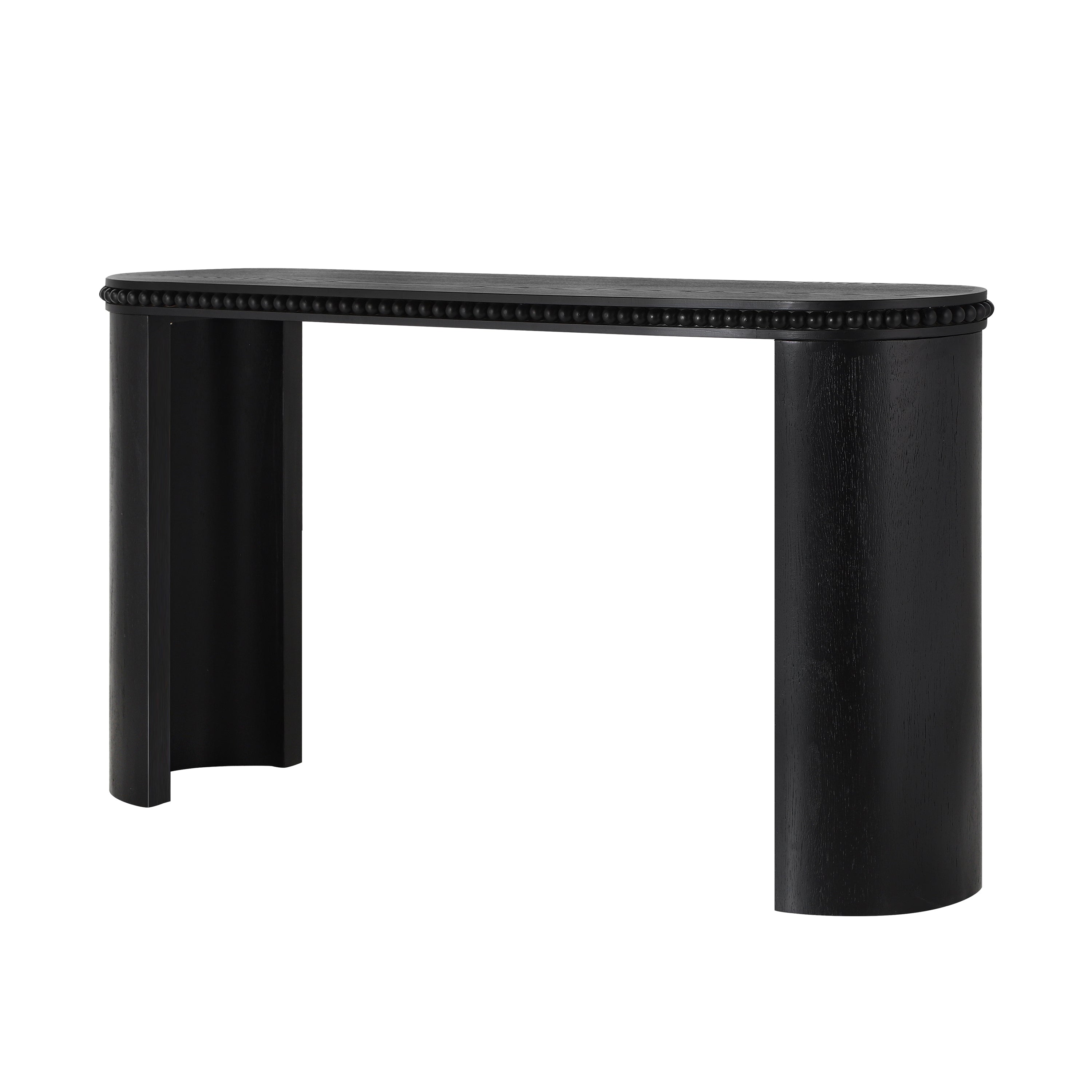 Mirod Console Table with inward-facing curved legs, featuring vintage beaded trim and sleek black finish.