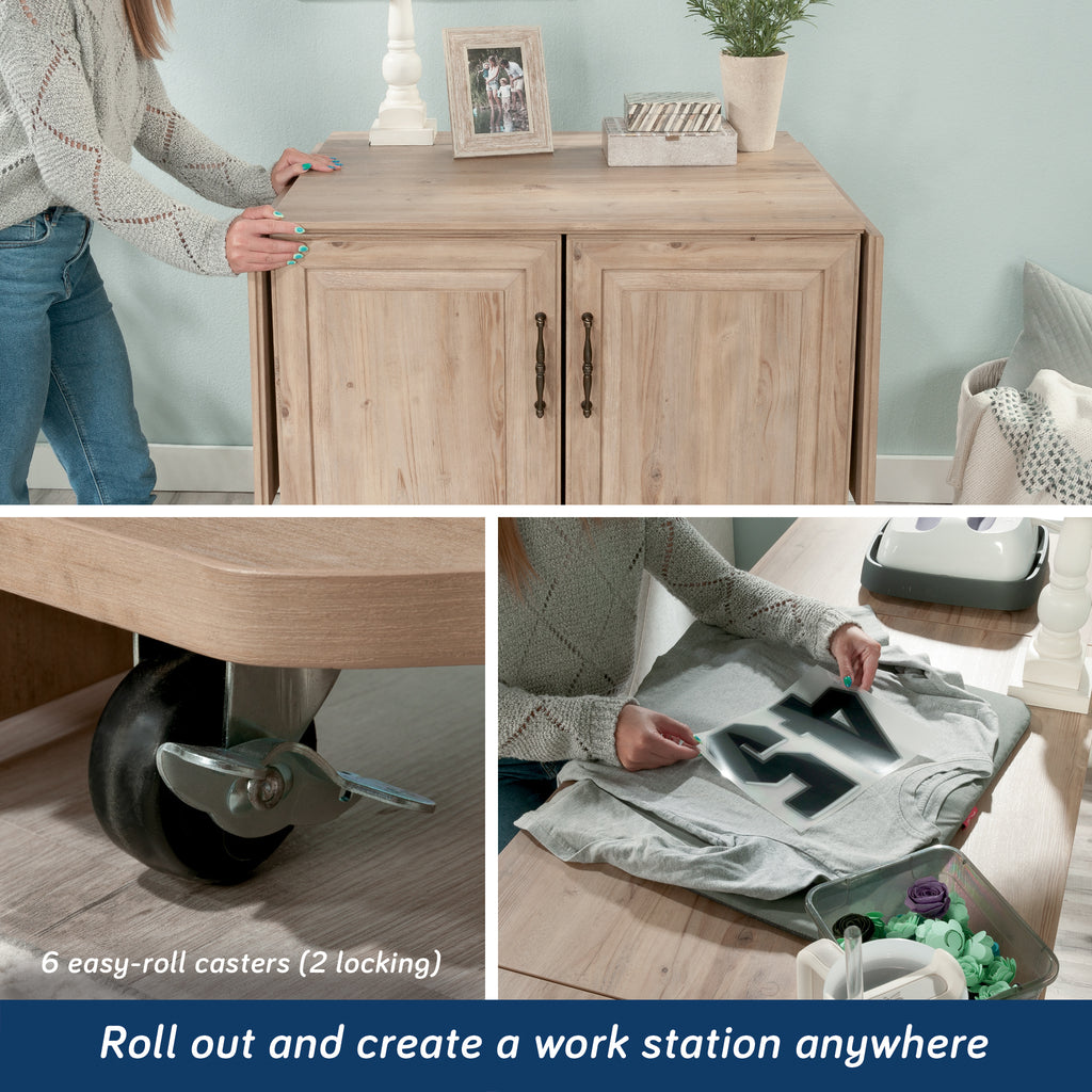 Craft Cart with Storage for Home being rolled out and used as a workstation, featuring locking casters and fold-out surface.