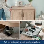 Craft Cart with Storage for Home being rolled out and used as a workstation, featuring locking casters and fold-out surface.