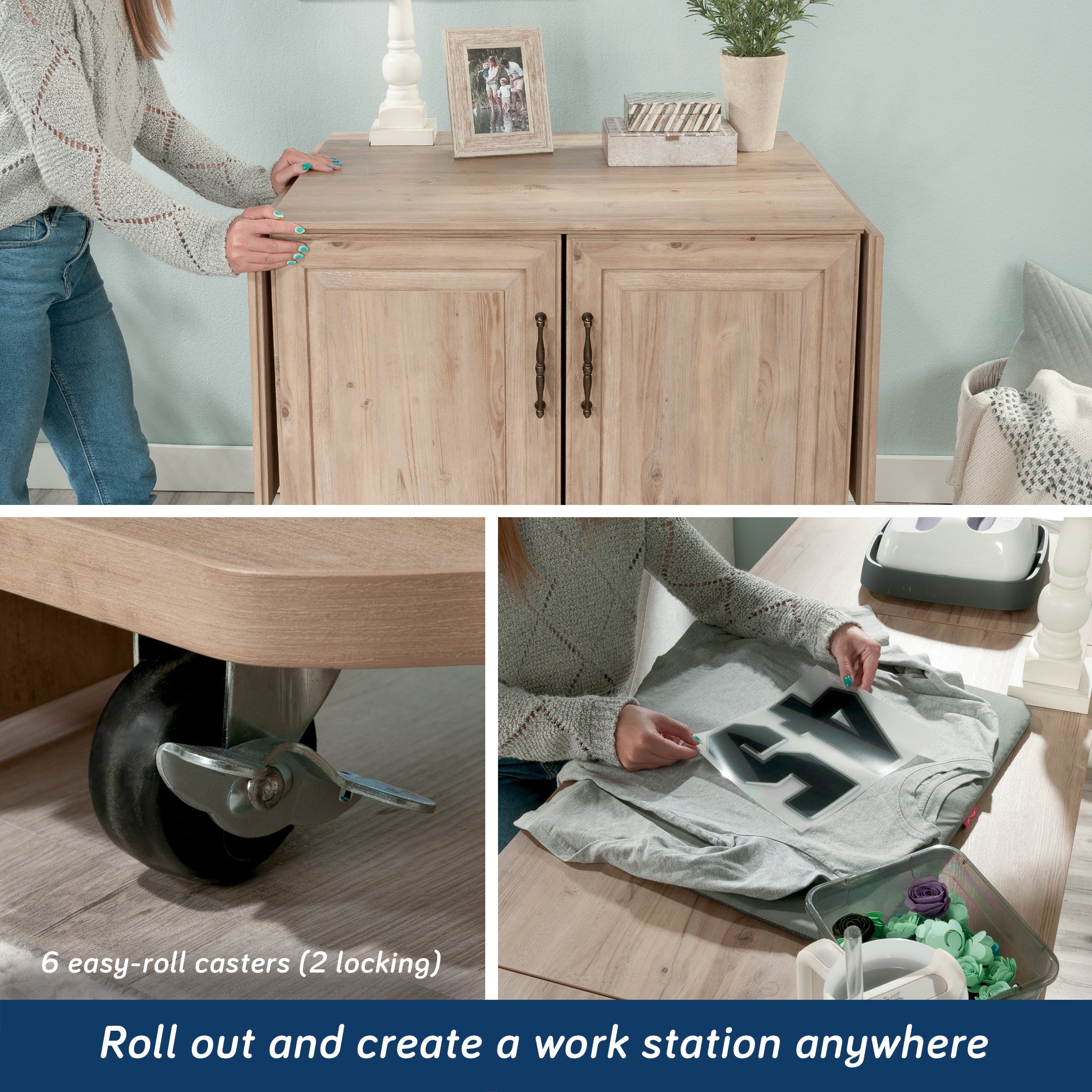 Craft Cart with Storage for Home being rolled out and used as a workstation, featuring locking casters and fold-out surface.