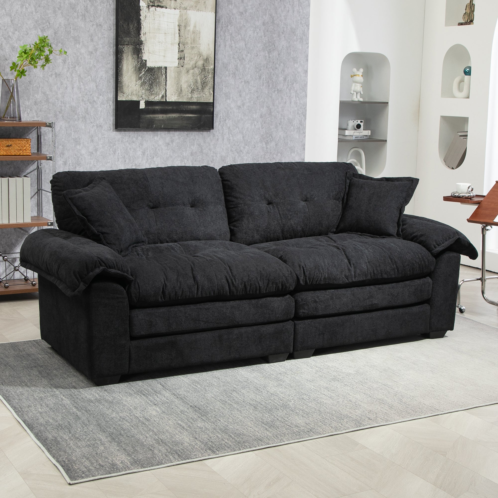 84-Inch Black Chenille Loveseat with Memory Foam and Throw Pillows