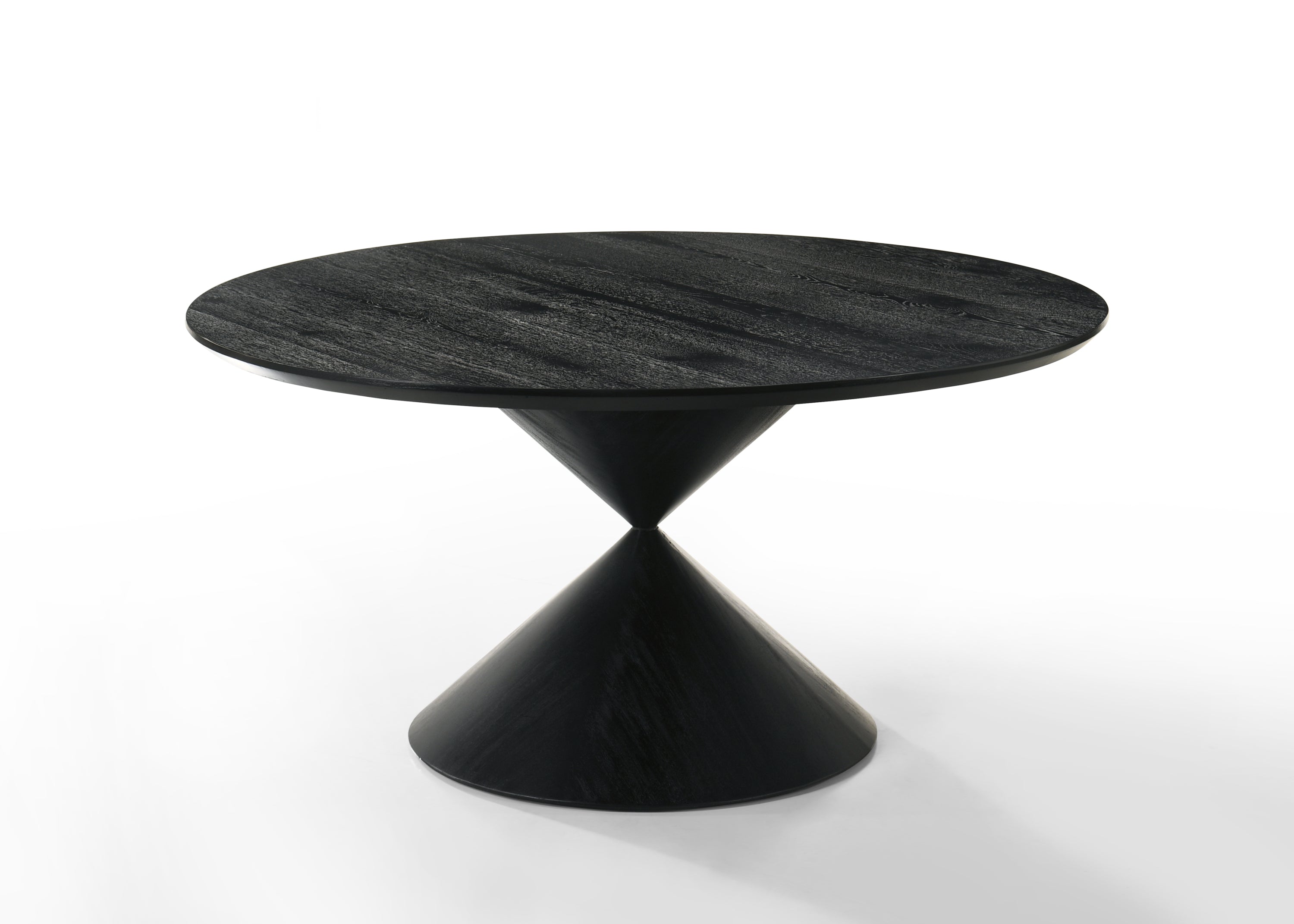 Haven 7Pc Dining Set - Round Ebony table with a sleek black wood top and sculptural double-cone pedestal base, ideal for modern interiors.
