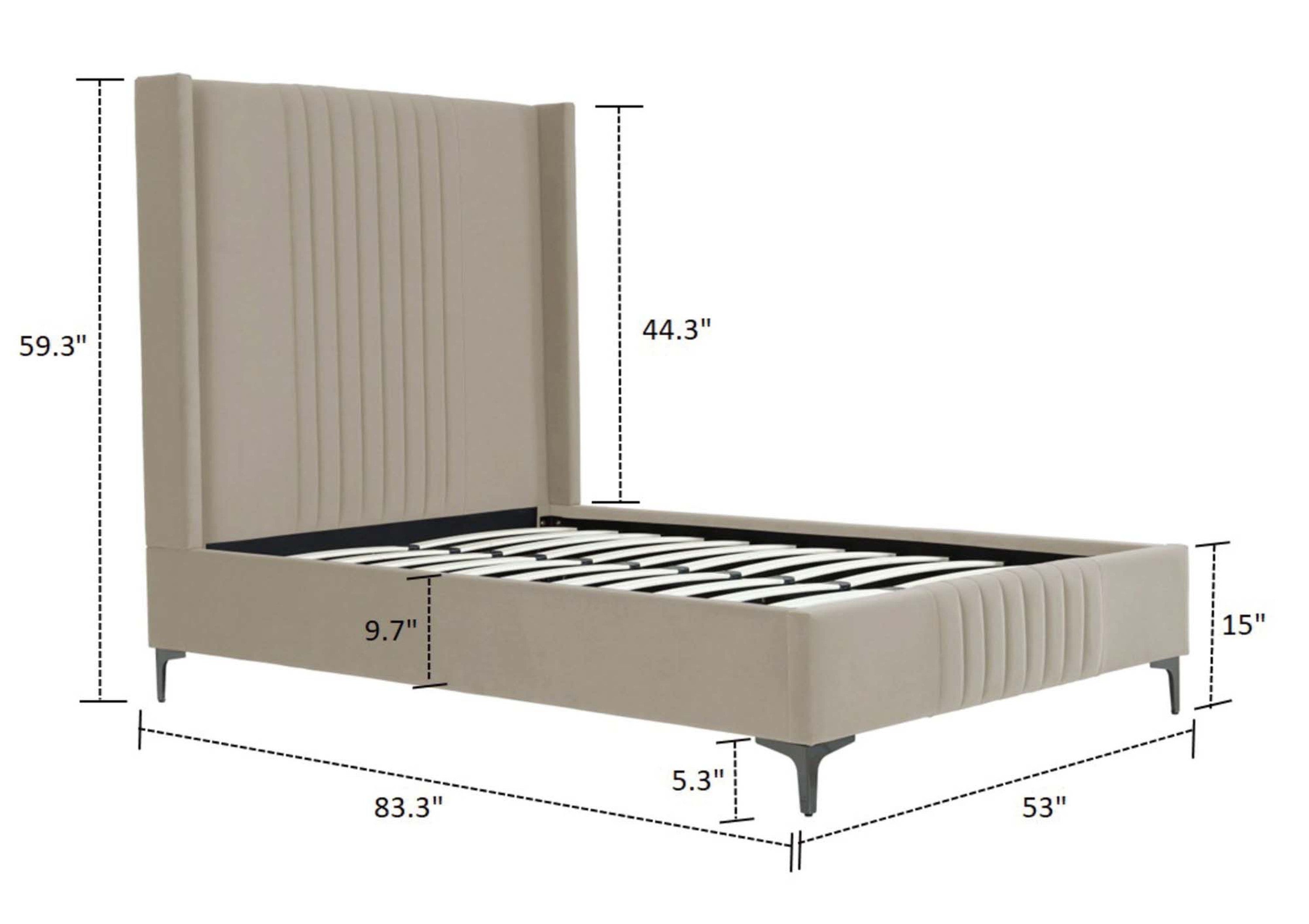 Dimension diagram of the 48' Promenade Upholstered Velvet Bed Frame in Rustic Taupe with vertical headboard and tapered legs.