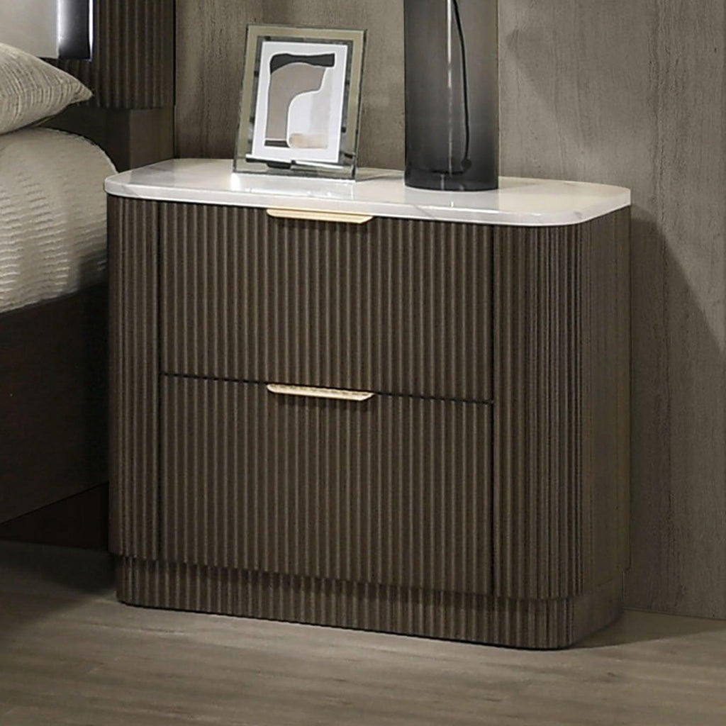 Dark Walnut Nightstand with Marble Top for Contemporary Bedrooms.