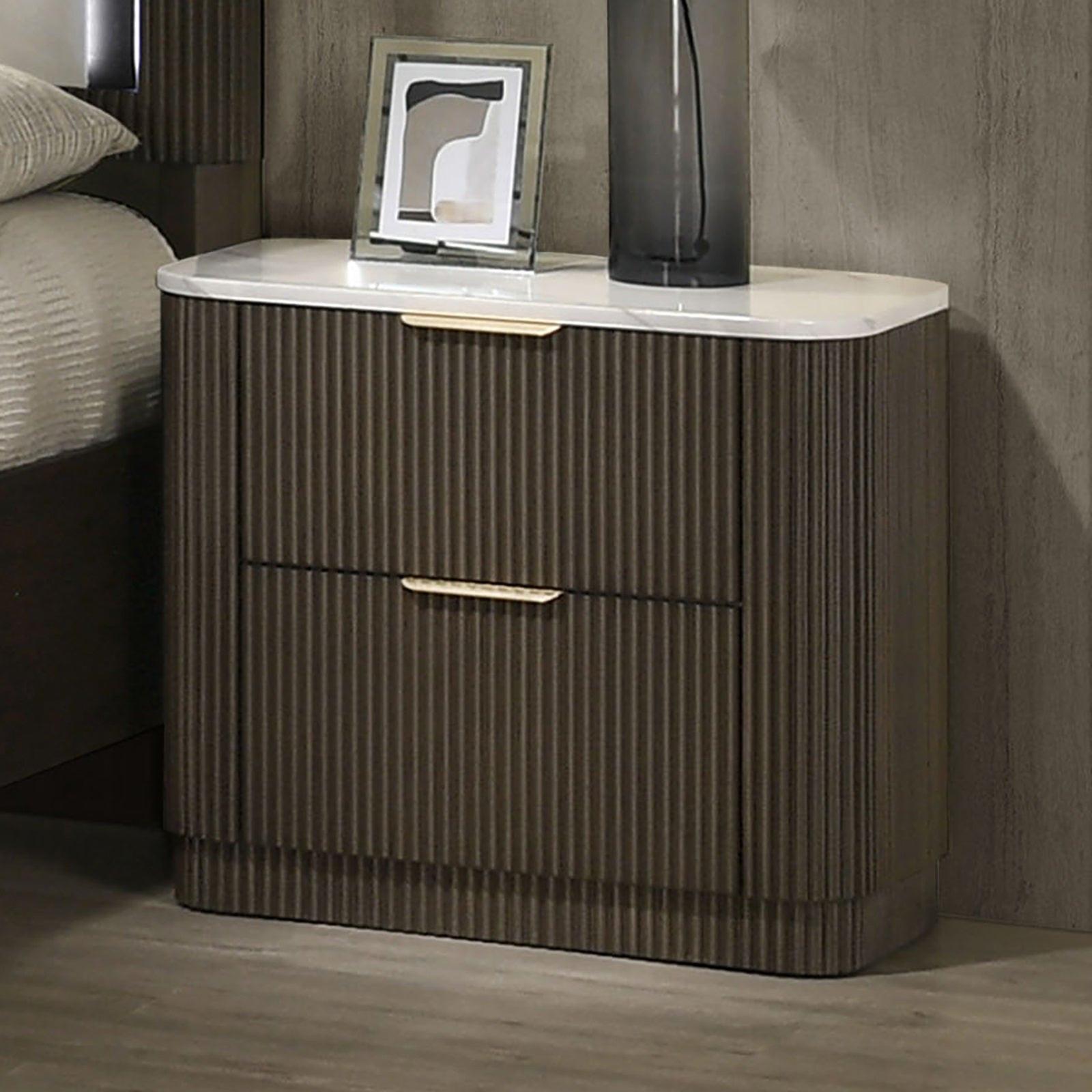 Dark Walnut Nightstand with Marble Top for Contemporary Bedrooms.