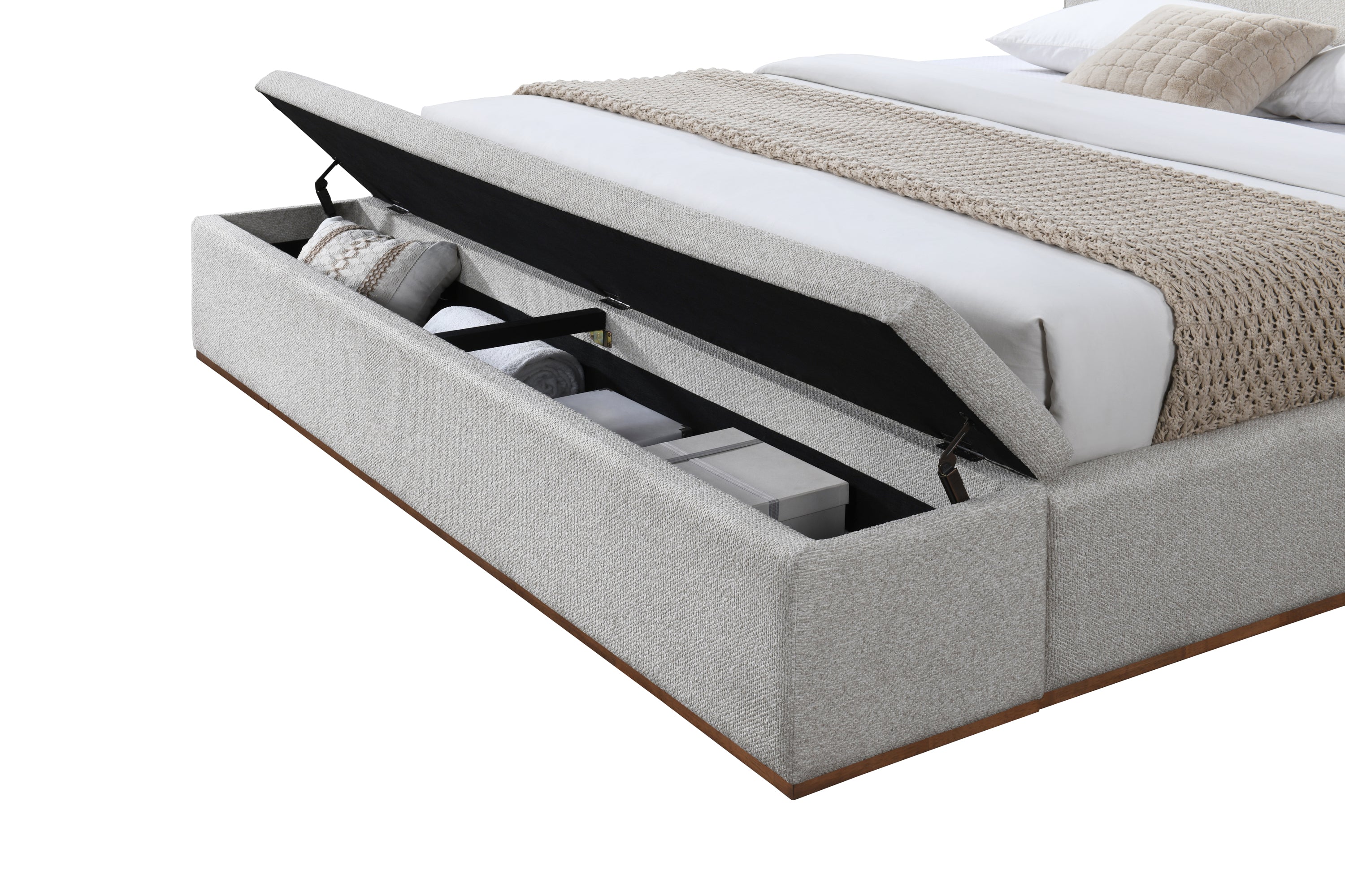 Boxter Beige King Bed with Storage - Elegant Design highlighting hidden footboard storage compartment with organized items.