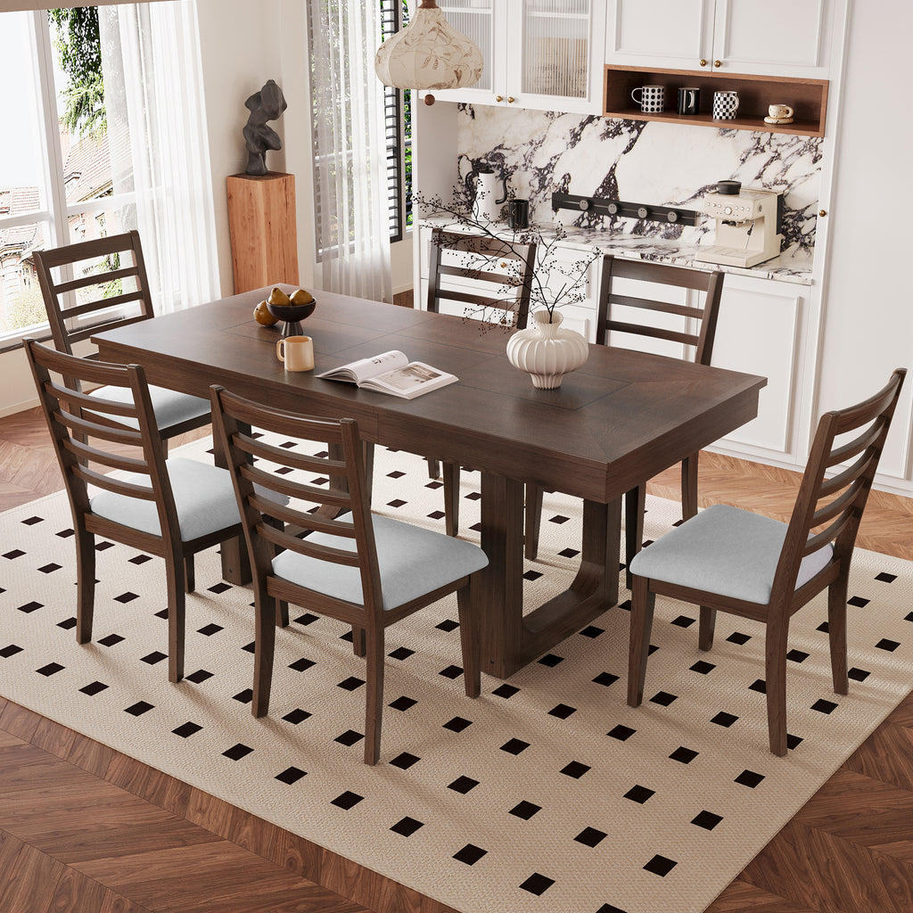 Rustic walnut 7-piece extendable dining set with six ladder-back chairs featuring light gray upholstered seats.