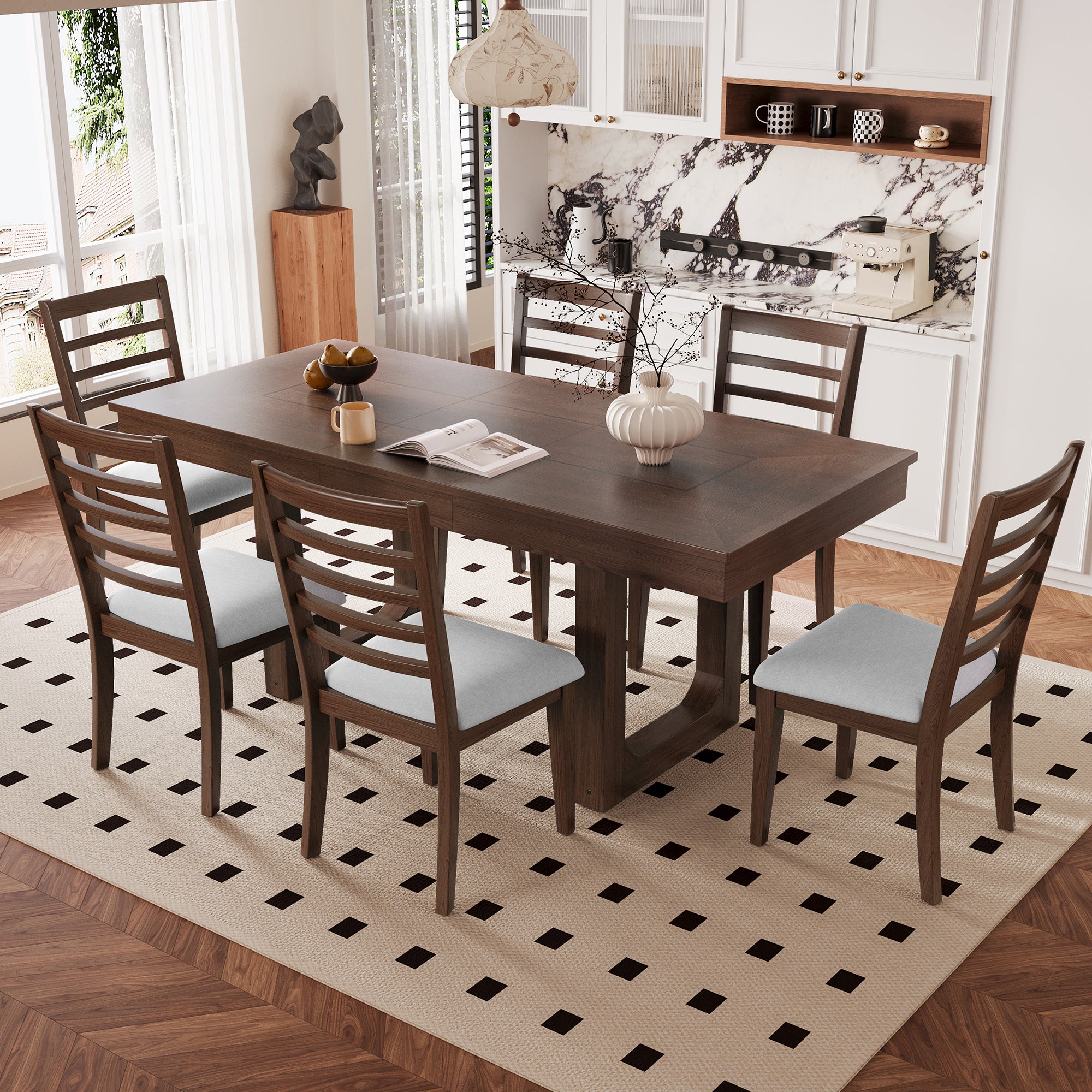 Rustic walnut 7-piece extendable dining set with six ladder-back chairs featuring light gray upholstered seats.