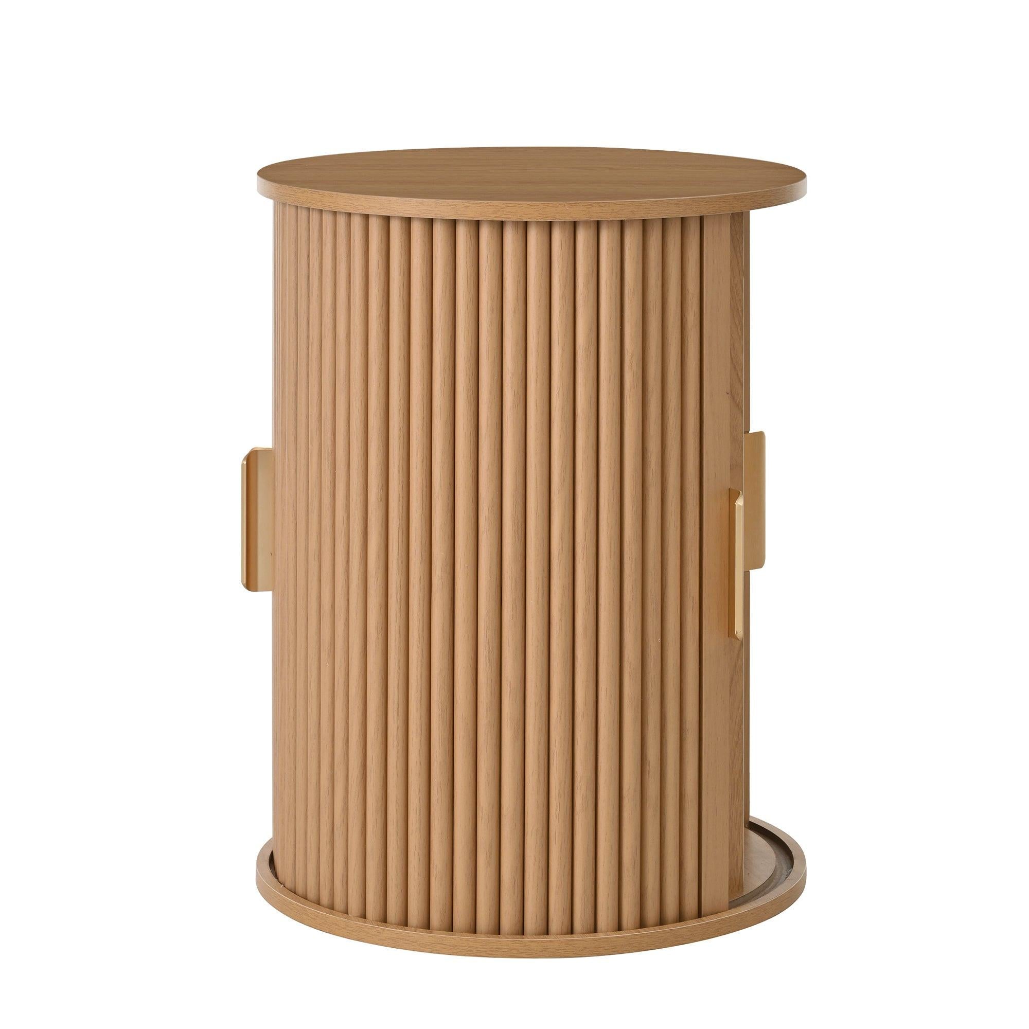 [Assembly Video]Mid-Century Coffee Table Set with Sliding Tambour Door, Round Fluted End Table With Storage, Golden Handle Tall & Low Side Table with Wooden Finish for Living Room, Set of Two ,Natural.