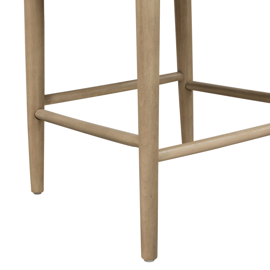 Close-up of rubberwood legs and footrest on modern counter stool, showcasing sturdy construction and natural wood grain.