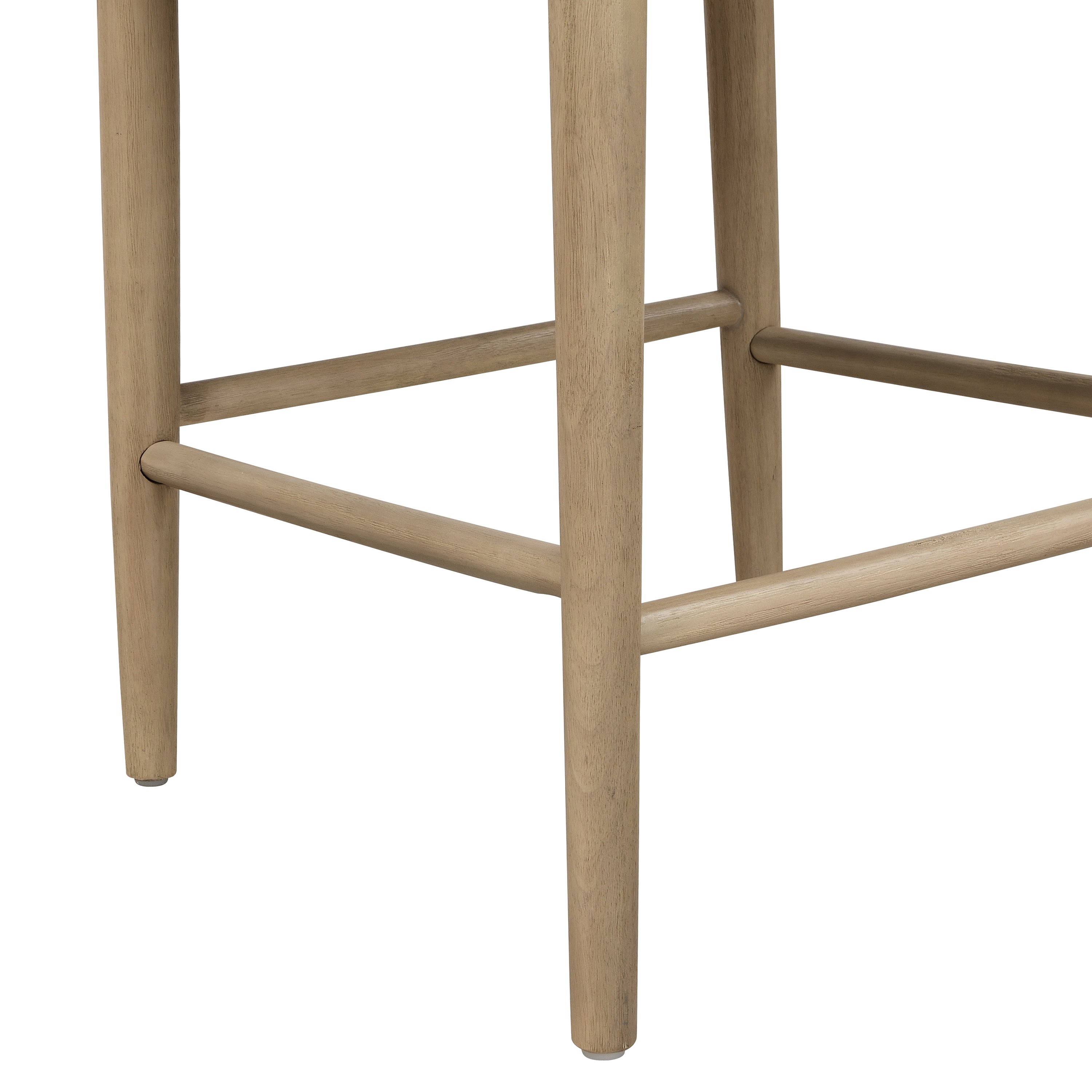 Close-up of rubberwood legs and footrest on modern counter stool, showcasing sturdy construction and natural wood grain.