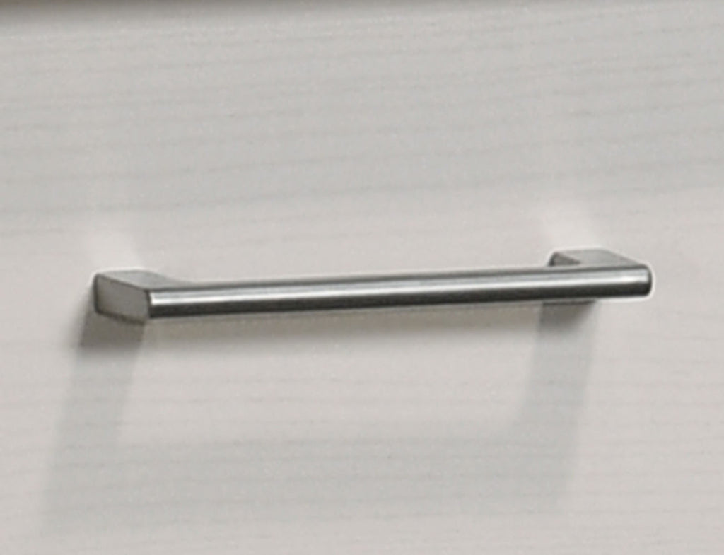Close-up of metal handle on Celeste White Nightstand drawer. Modern hardware complements sleek, minimalist design.
