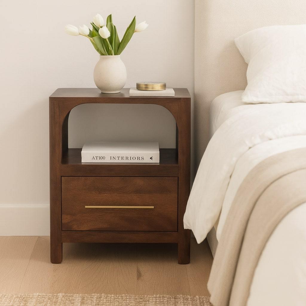 Solid Wood Arc-Line Bedside Table with Arch Design.