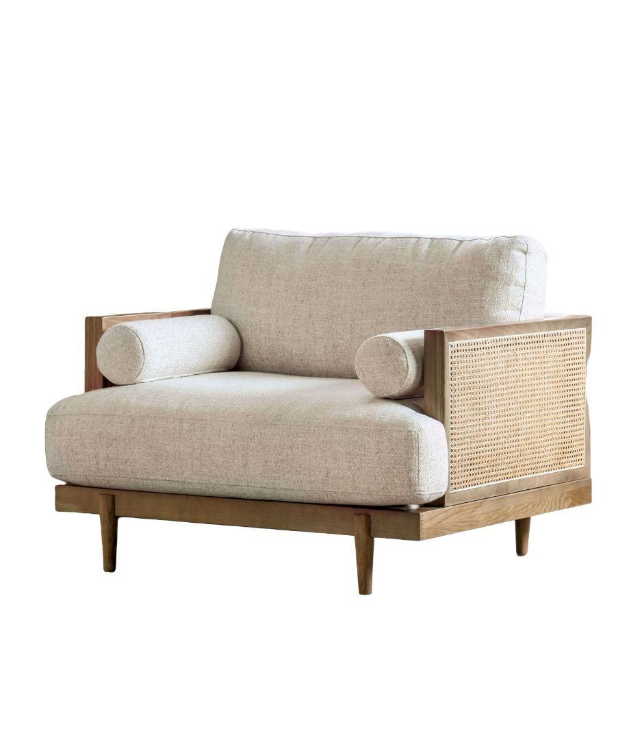 Mid-Century Modern Chair with Beige Fabric and Tapered Legs.