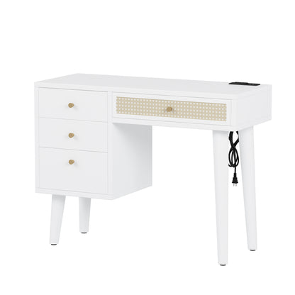 39' Retro Bohemian Style Wooden Makeup Vanity Set with Charging Plug&USB Port and Stool, Dressing Table with 3 Storage Drawers and 1 Rectangular Rattan Drawer, White