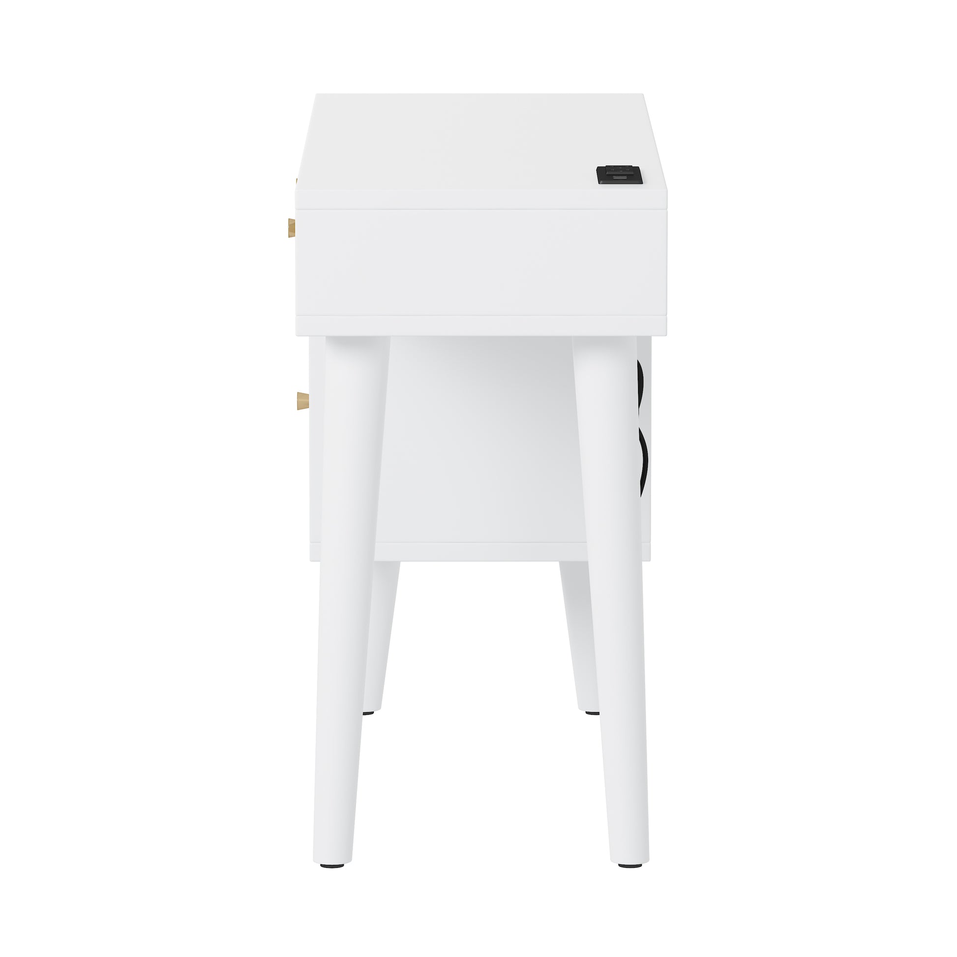 39' Retro Bohemian Style Wooden Makeup Vanity Set with Charging Plug&USB Port and Stool, Dressing Table with 3 Storage Drawers and 1 Rectangular Rattan Drawer, White