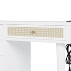 39' Retro Bohemian Style Wooden Makeup Vanity Set with Charging Plug&USB Port and Stool, Dressing Table with 3 Storage Drawers and 1 Rectangular Rattan Drawer, White