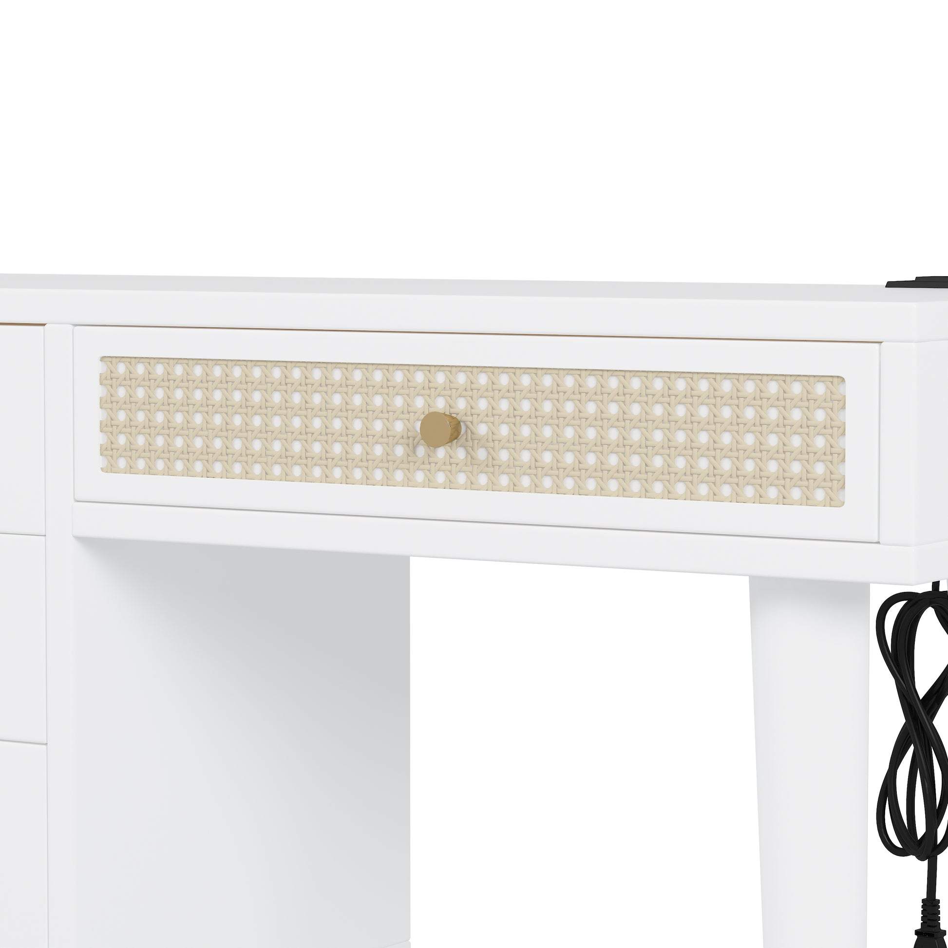 39' Retro Bohemian Style Wooden Makeup Vanity Set with Charging Plug&USB Port and Stool, Dressing Table with 3 Storage Drawers and 1 Rectangular Rattan Drawer, White