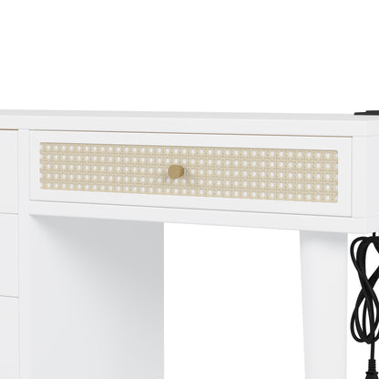 39' Retro Bohemian Style Wooden Makeup Vanity Set with Charging Plug&USB Port and Stool, Dressing Table with 3 Storage Drawers and 1 Rectangular Rattan Drawer, White