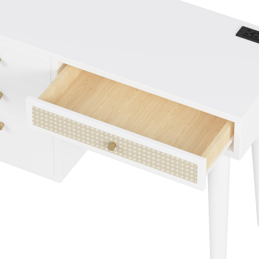 39' Retro Bohemian Style Wooden Makeup Vanity Set with Charging Plug&USB Port and Stool, Dressing Table with 3 Storage Drawers and 1 Rectangular Rattan Drawer, White