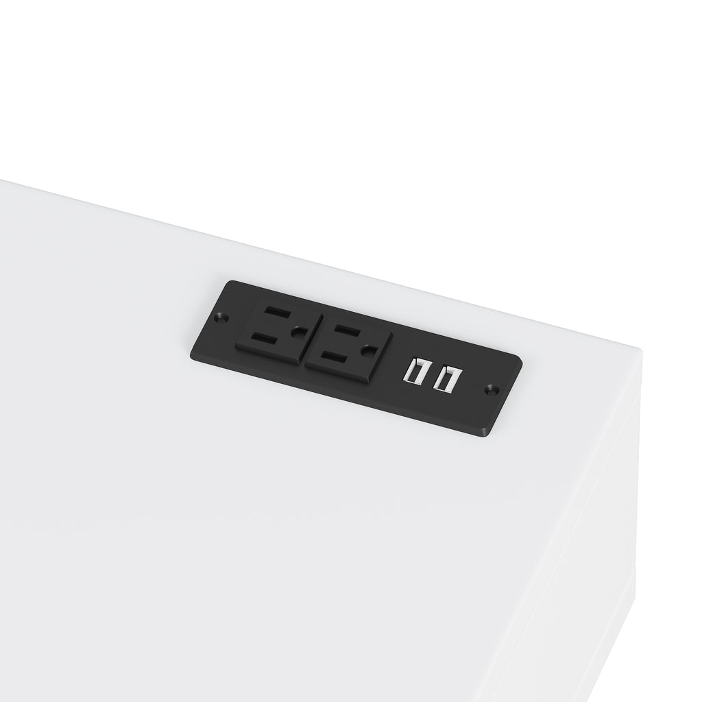 39' Retro Bohemian Style Wooden Makeup Vanity Set with Charging Plug&USB Port and Stool, Dressing Table with 3 Storage Drawers and 1 Rectangular Rattan Drawer, White