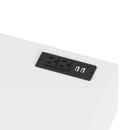 39' Retro Bohemian Style Wooden Makeup Vanity Set with Charging Plug&USB Port and Stool, Dressing Table with 3 Storage Drawers and 1 Rectangular Rattan Drawer, White