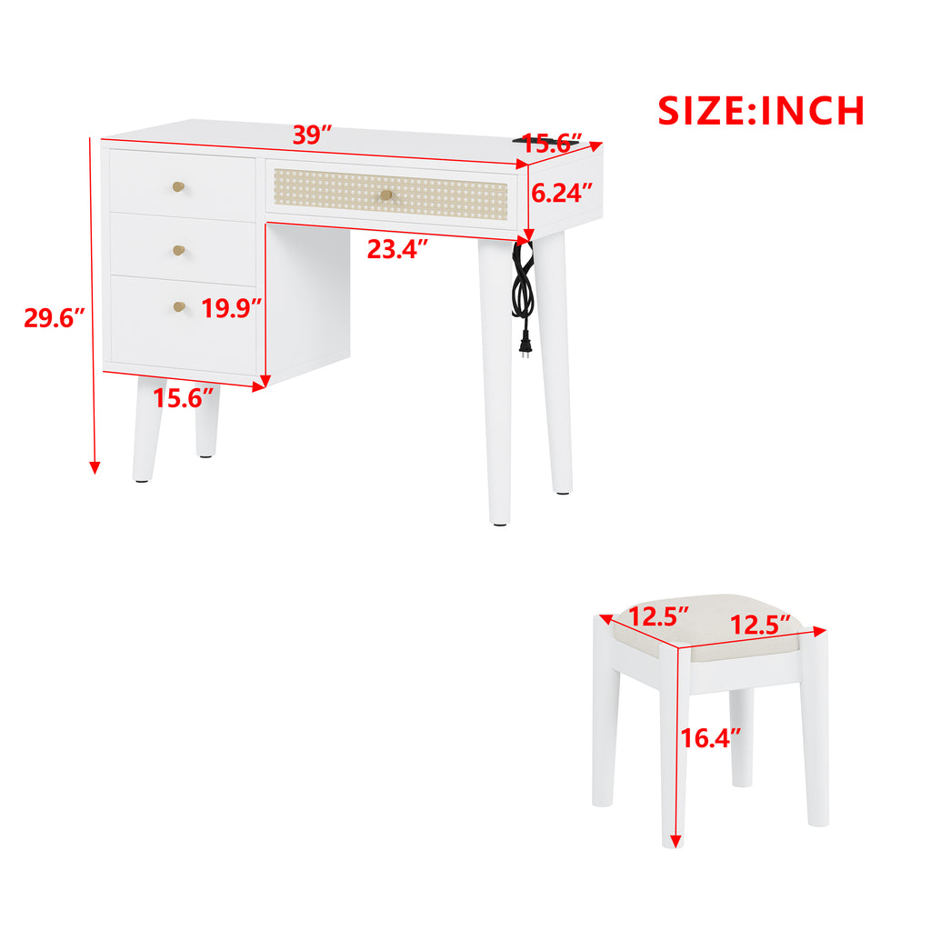 39' Retro Bohemian Style Wooden Makeup Vanity Set with Charging Plug&USB Port and Stool, Dressing Table with 3 Storage Drawers and 1 Rectangular Rattan Drawer, White