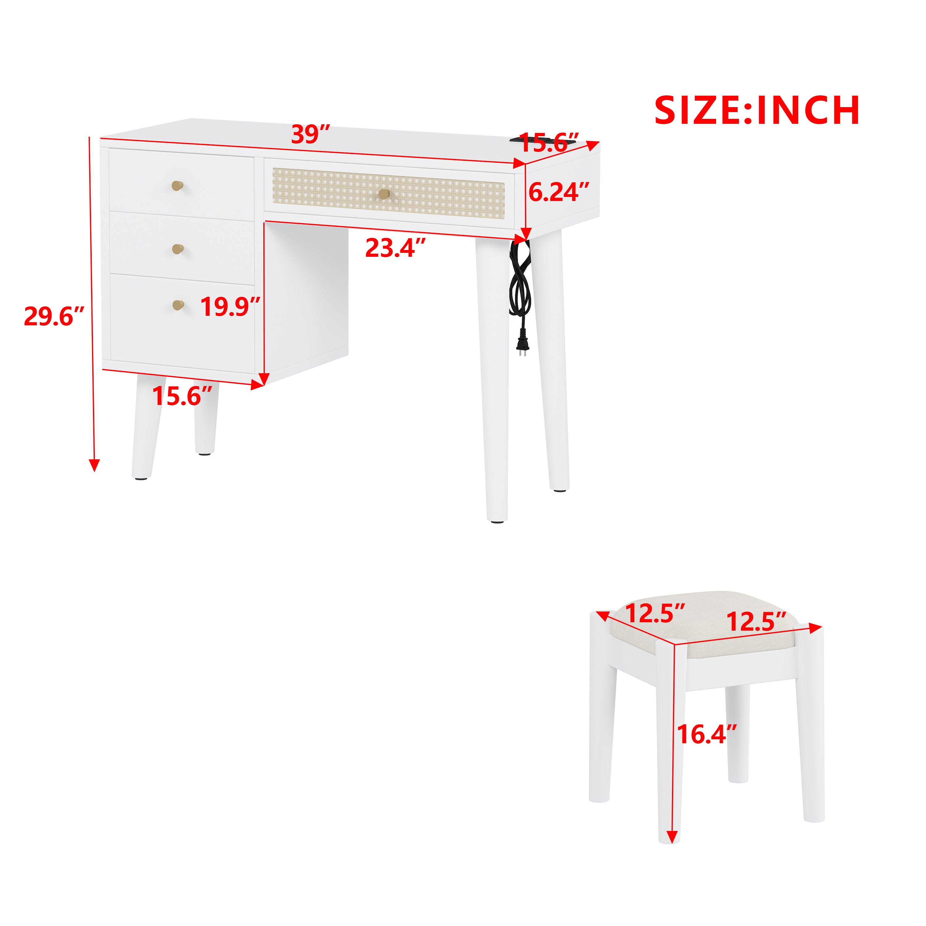 39' Retro Bohemian Style Wooden Makeup Vanity Set with Charging Plug&USB Port and Stool, Dressing Table with 3 Storage Drawers and 1 Rectangular Rattan Drawer, White