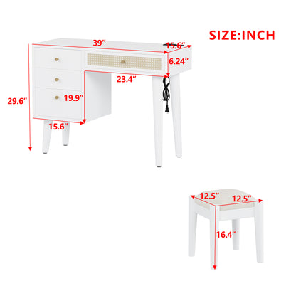 39' Retro Bohemian Style Wooden Makeup Vanity Set with Charging Plug&USB Port and Stool, Dressing Table with 3 Storage Drawers and 1 Rectangular Rattan Drawer, White