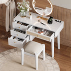 39' Retro Bohemian Style Wooden Makeup Vanity Set with Charging Plug&USB Port and Stool, Dressing Table with 3 Storage Drawers and 1 Rectangular Rattan Drawer, White