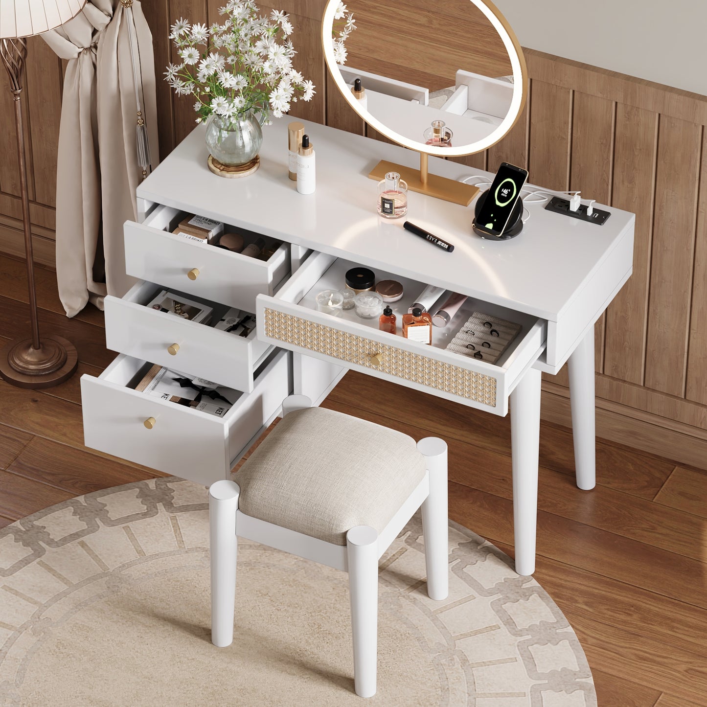 39' Retro Bohemian Style Wooden Makeup Vanity Set with Charging Plug&USB Port and Stool, Dressing Table with 3 Storage Drawers and 1 Rectangular Rattan Drawer, White